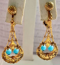 Vintage Victorian Revival Dangle Drop Clip On Earrings Gold Tone Turquoise Bead