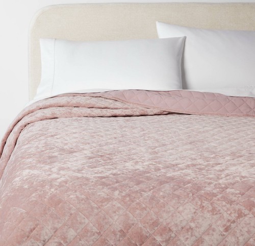 🏯 THRES Full/Queen Luxe Diamond Stitch Velvet Quilt Mauve🆕AS SHOWN - Picture 5 of 7