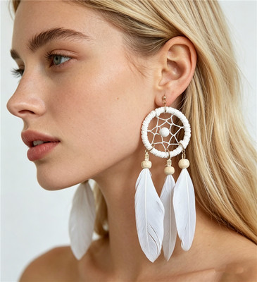 White Bohemian Earrings Dream Catcher Feather Earrings - Boho Long Tassel Stylis