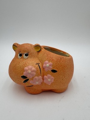 Vintage Pottery Hippo Hippopotamus Planter Hippie Cartoon Retro 1970s RARE