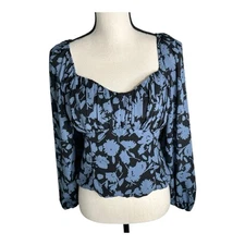 Abercrombie & Fitch Women’s Large Long Sleeve Black/Blue  Puff Sleeve Top Sheer