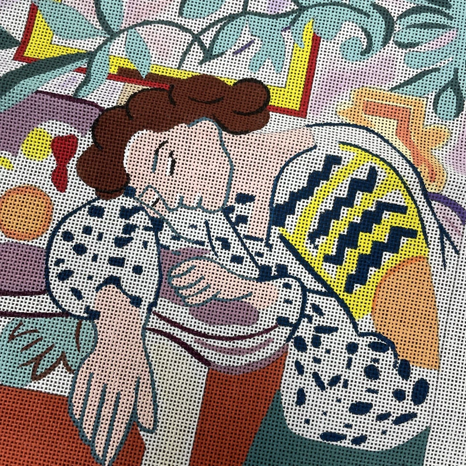 Handpainted Needlepoint Canvas Matisse Still Life With Sleeping Woman 14x14 - Image 2 of 4