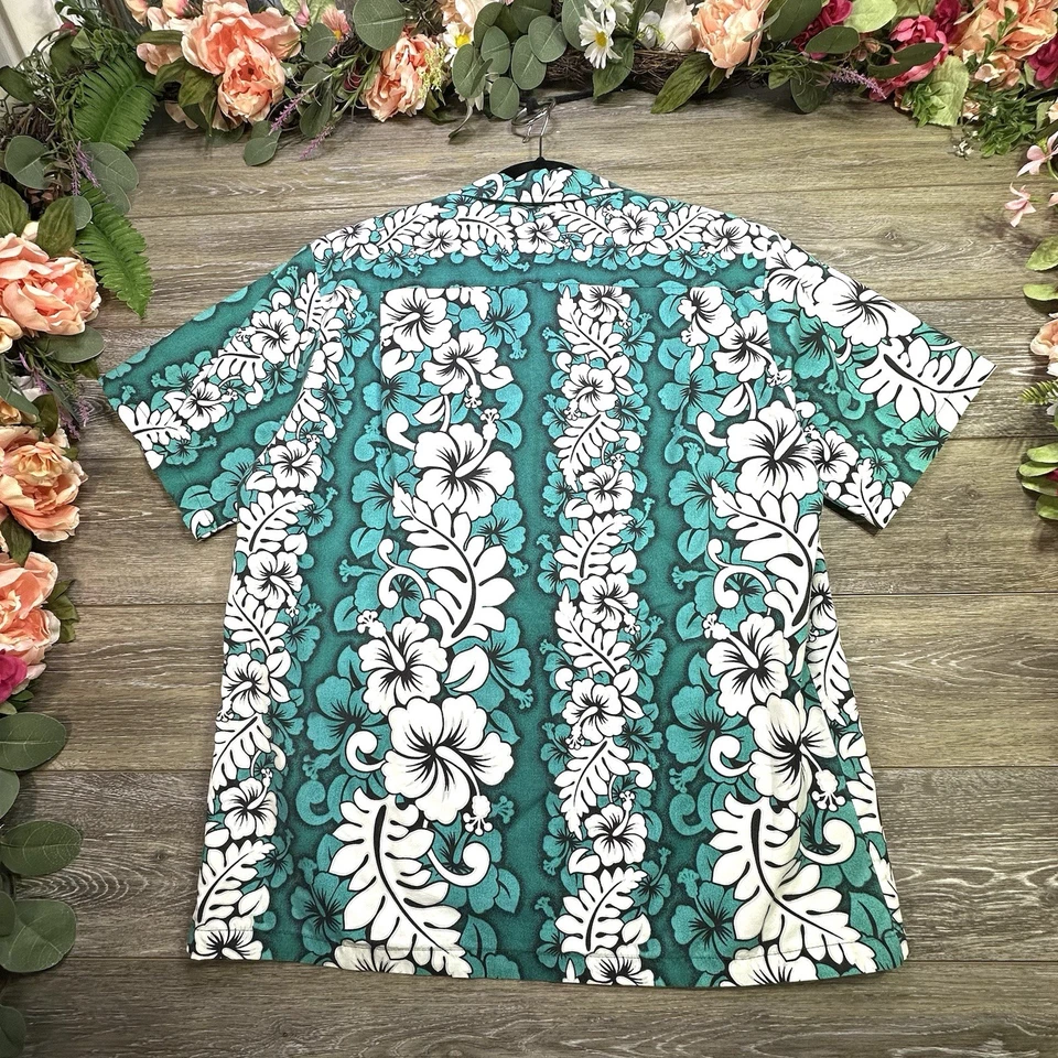 Hana моды гавайский Алоха рубашка маленький бирюзовый белый гибискус цветочный - Изображение 2 из 4