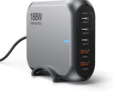 188W USB-C GaN Charger, 5-Port Fast Charging Station for Laptop & Phone