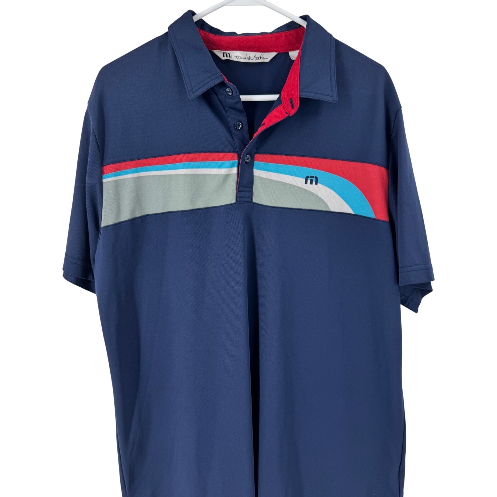 Travis Mathew Mens Golf Polo Shirt Blue Red Stripe Logo Activewear Size L