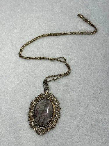 VTG Gold Tone Victorian Revival Style Necklace Natural Stone Costume Jewelry