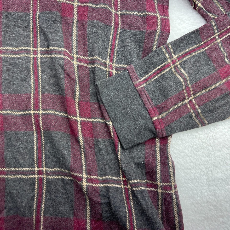 Lands End Shirt Mens Large Grey Red Plaid Long Sleeve Henley Cotton