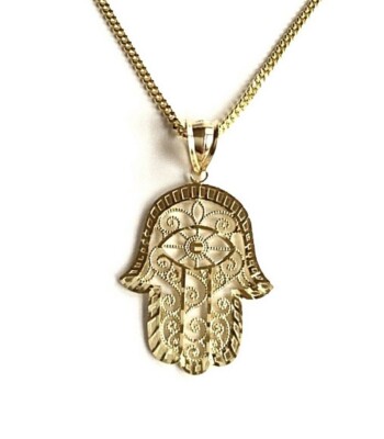 10K Solid Yellow Gold Hamsa 18'' Necklace  , 35mm Fatima Hand Pendant - G8