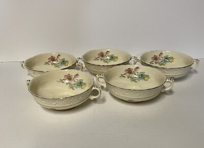 Set Of 5 Blue Rose Antique Double Handled Flowers Cream Soup Bowls ...