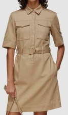 $498 Whistles Women's Beige Short-Sleeve Utility Belted Fit Flare Shirt Dress 6