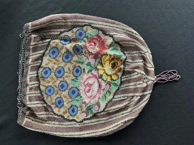 Sac À Main En Verre Floral Perlé Vintage Des Années 1900 8" X 9" - Photo 3/4