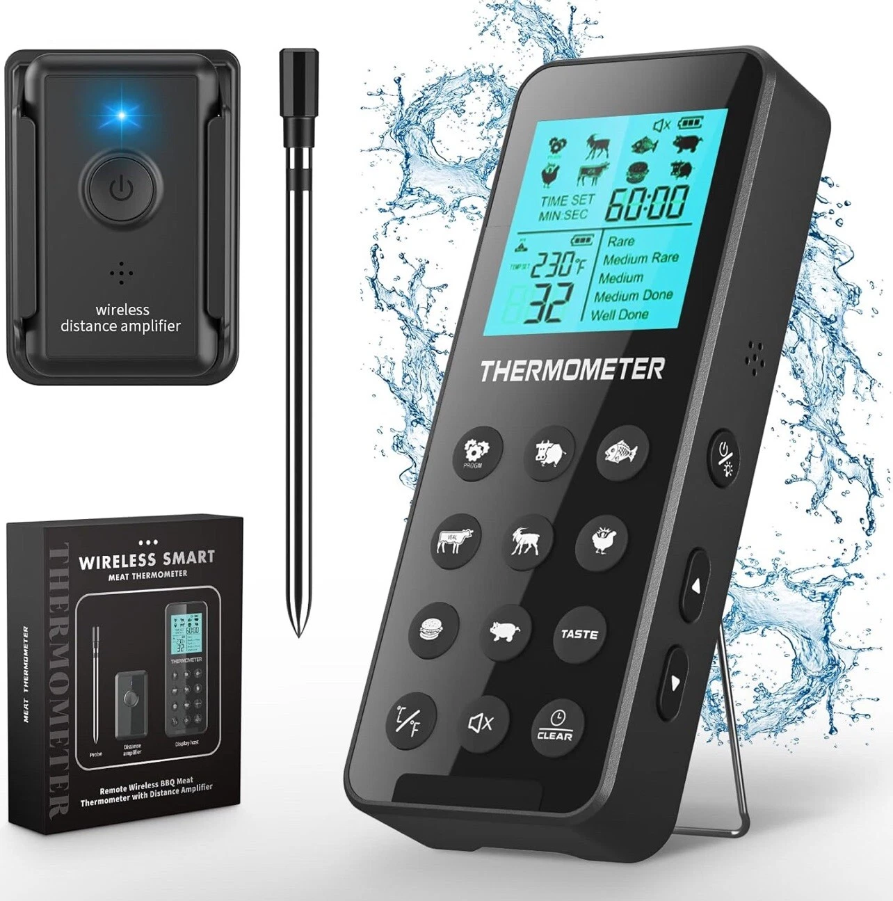 300FT Wireless Meat Thermometer IP67 with Alarm Function for The Oven, Grill Bbq