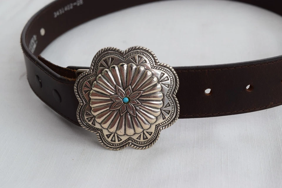 Nocona Womens Western Leather Belt 28 Silver Floral Buckle Turquoise Cowgirl - Image 2 of 4