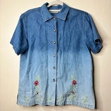 Jane Ashley Shirt Women’s Petite Large Chambray Ombre Ramie Blend Embroidered