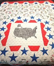 Rare Vintage State Flowers and Birds" Hand Embroidery Quilt Patriotic Americana