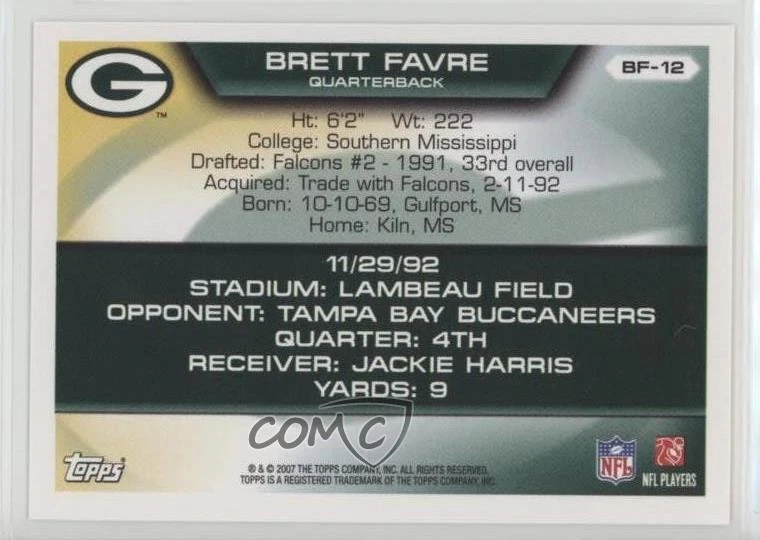 2007 Topps Brett Favre Collection Brett Favre #BF-12 HOF - Image 2 of 2