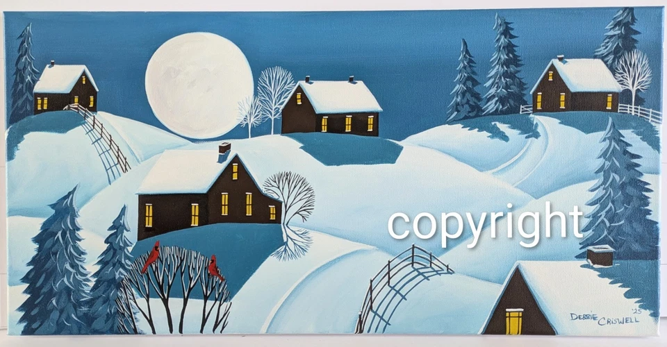 Pintura Arte Popular Original Invierno Nieve Paisaje Cardenal Pájaros Granja 12"X 24"  Foto 2 de 2