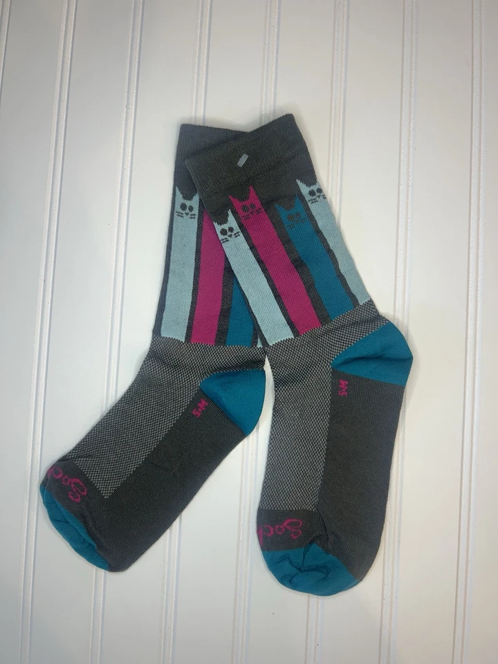 Nuevo sin etiquetas Calcetines Hombre 6 Pulgadas Ciclismo Accionamiento Calcetines Gris Con Azul Rosa Gatos Talla S/M Foto 3 de 3