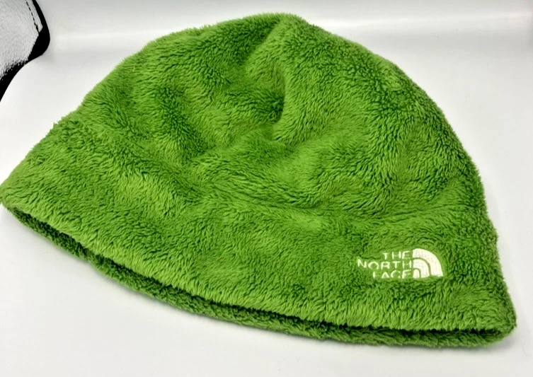 The North Face Fleece Beanie Hat One Size Green hiking Fuzzy Logo Embroidered