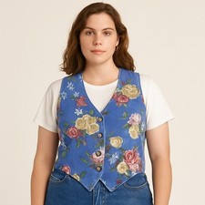 Vintage 90s Stampede USA Size M Blue Floral Denim Button Front Vest Cottagecore