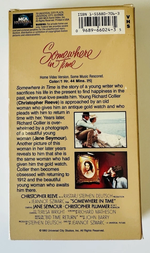 Somewhere In Time 1980 / 1991 VHS Tape - Jane Seymour, Christopher Reeve - Image 2 of 3