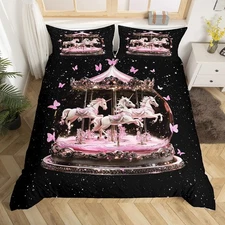 Carousel Bedding Set Queen Size,Dreamy Unicorn Animals Duvet Cover Set 3Pcs f...