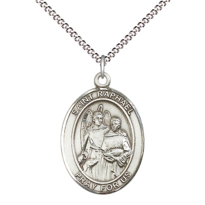 Sterling Silver Saint Raphael the Archangel Medal 18'' Lobster Clasp Necklace