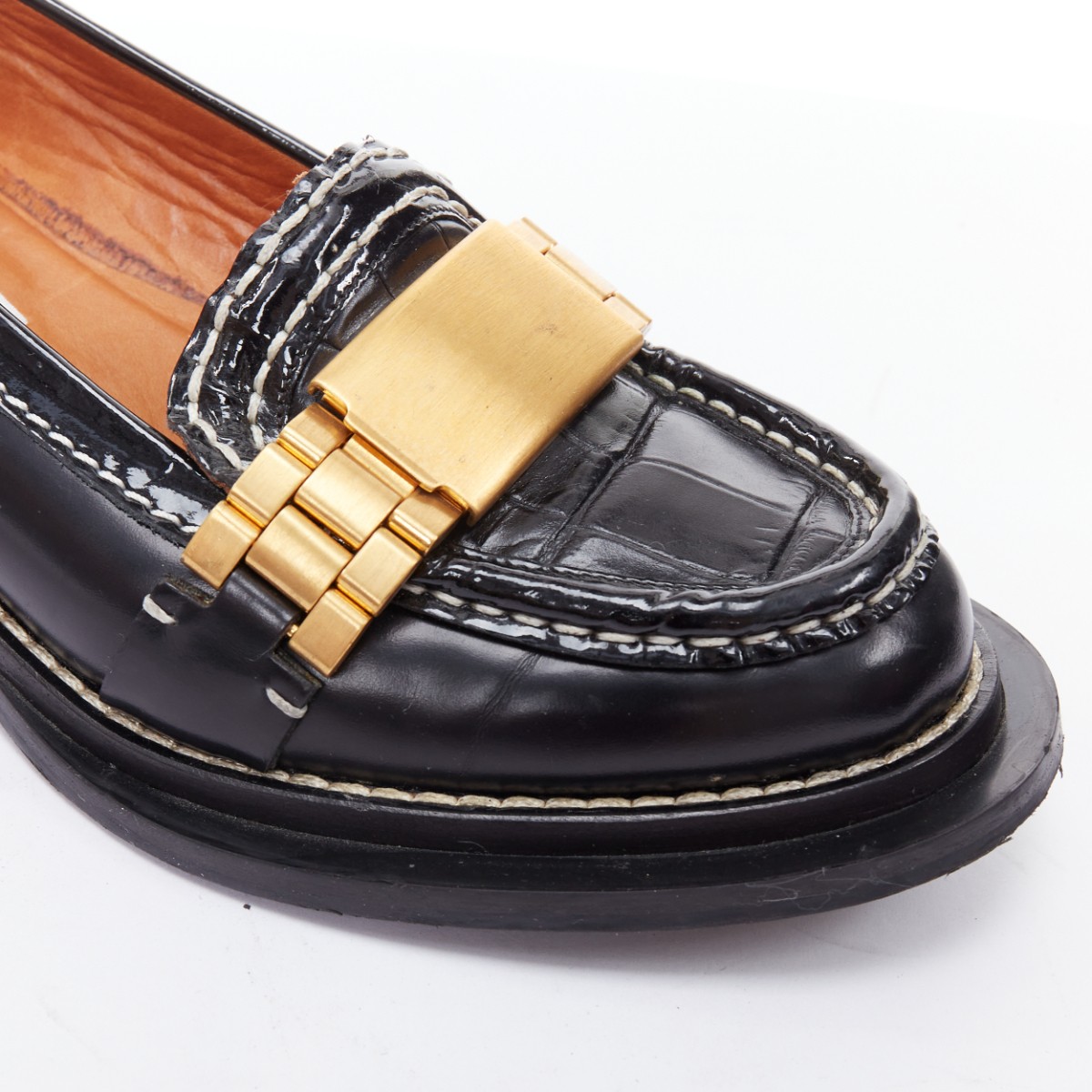 ACNE STUDIOS Penny Watch gold buckle black topstitch loafers EU38 
