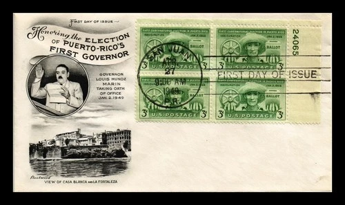 US COVER PUERTO RICO FIRST GOVERNOR ELECTION FDC SCOTT 983 PLATE BLOCK FLEETWOOD