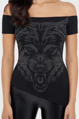 Killstar Nocturnal Wolf Short Sleeve Shirt Womens Off Shoulder Neck Goth