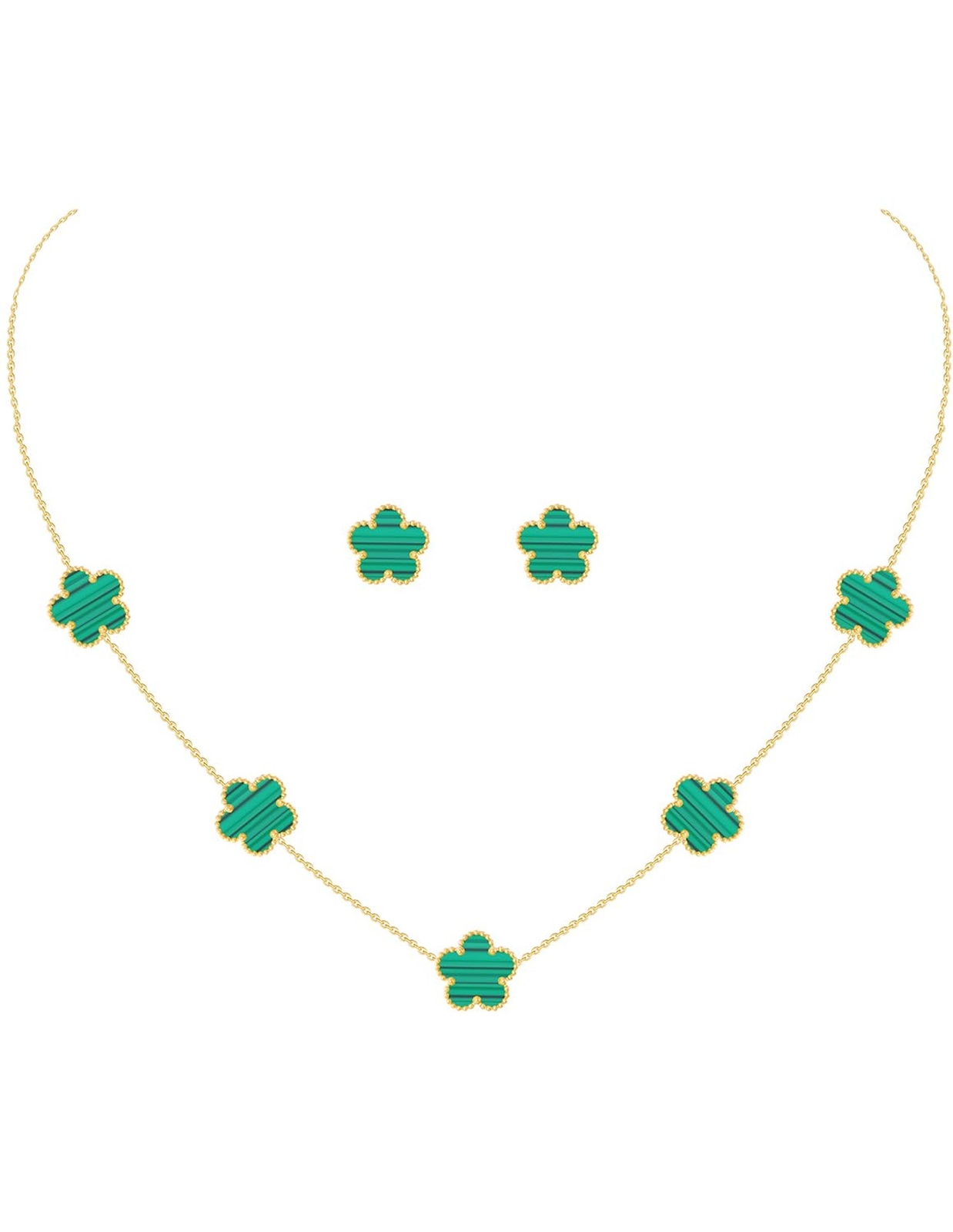 Gold Plated Stainless Steel Four Leaf Clover Necklace and Stud Jewelry Set fo...