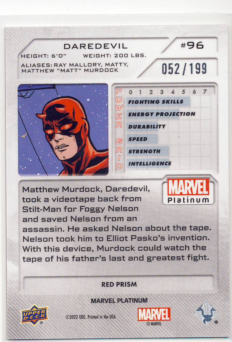 UPPERDECK MARVEL daredevilデアデビル　サインセット 2023 Marvel Platinum Red Prism 96 Daredevil 052/199 | eBay