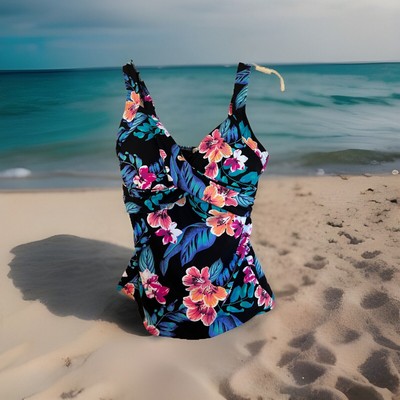 NWOT Ladies Lands End Underwire Wrap Black Tropical Floral Tankini Swim Top 6 D