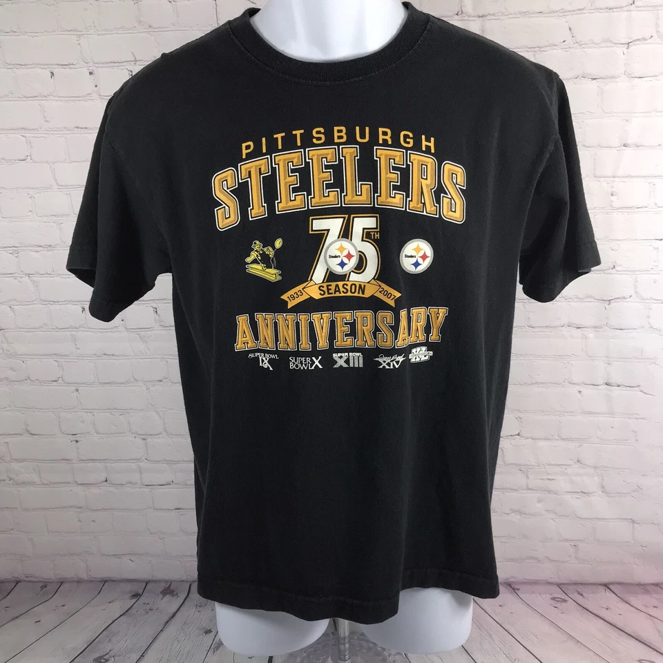 Camiseta Reebok Pittsburgh Steelers Juvenil XL Negra 2007 Gráfica Temporada 75 Foto 2 de 4