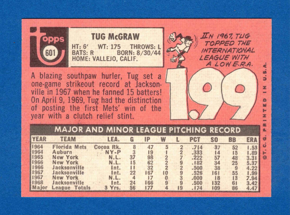 1969 TOPPS 601 TUG MCGRAW NEW YORK METS CARD EX MINT eBay