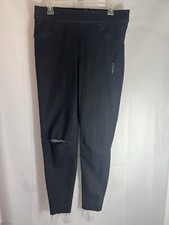 Spanx Distressed Ankle Skinny Jeans Size Large Pull On Raw Hem Black Stretch