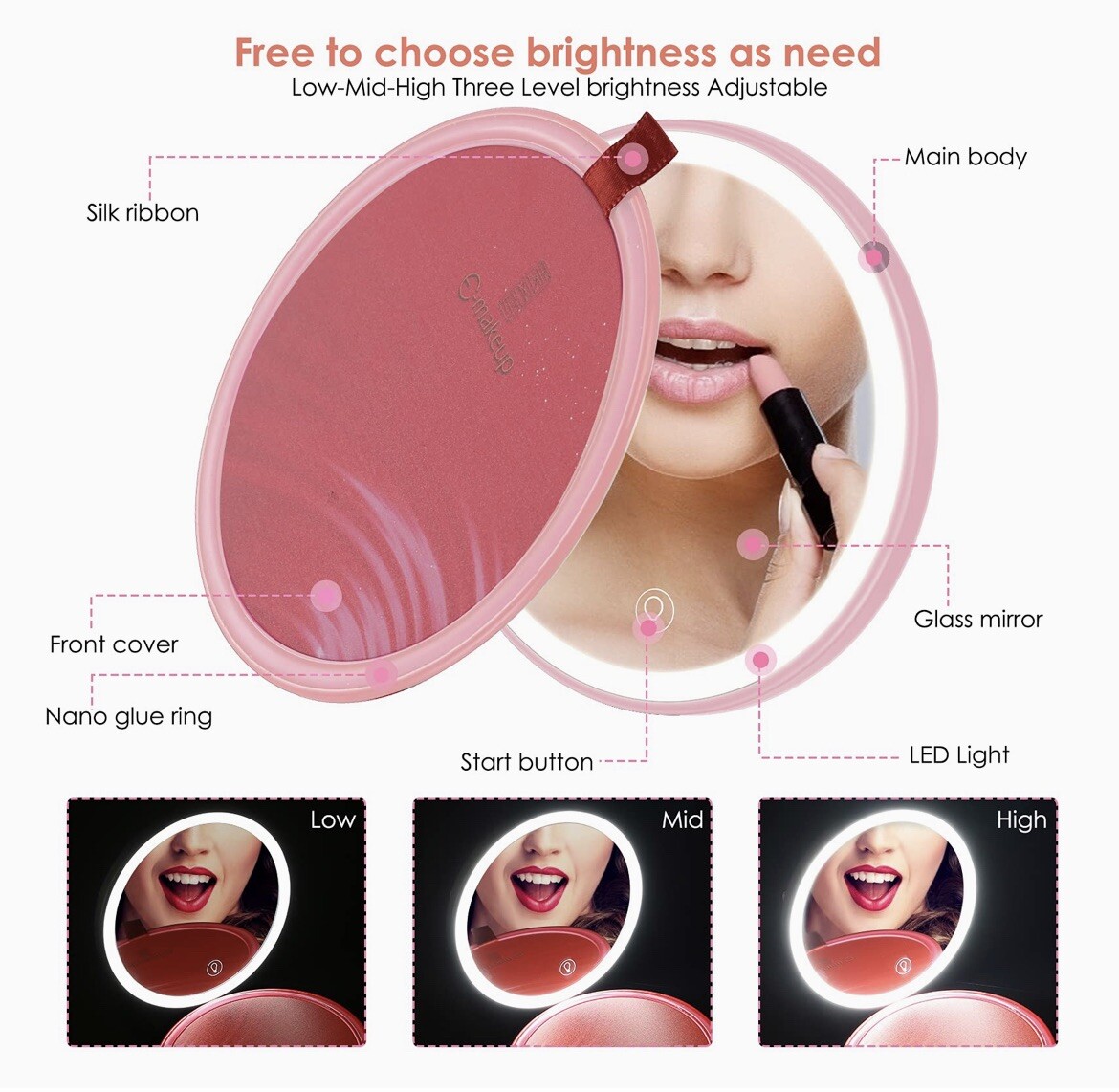 E-Makeup Portable Compact Magnetic Makeup Mirror with LED Lights