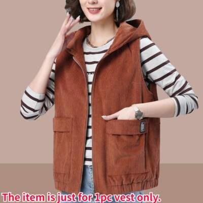 Women Vest Jacket Corduroy Coat Hooded Waistcoat Gilet Pockets Plus Size 
