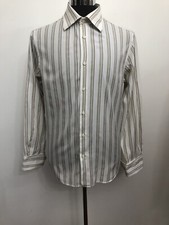 BLAQ Mens White And Brown Striped Cufflink Long Sleeve Dress Shirt Size L Cotton
