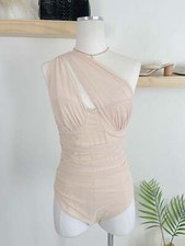 Women's Mesh One Shoulder Beige Cream Ivory Bodysuit Bustier Ruched Leotard