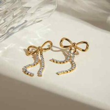 Gold-plated Stainless Steel Bow Earrings with Crystal Ribbons hypoallergenic 