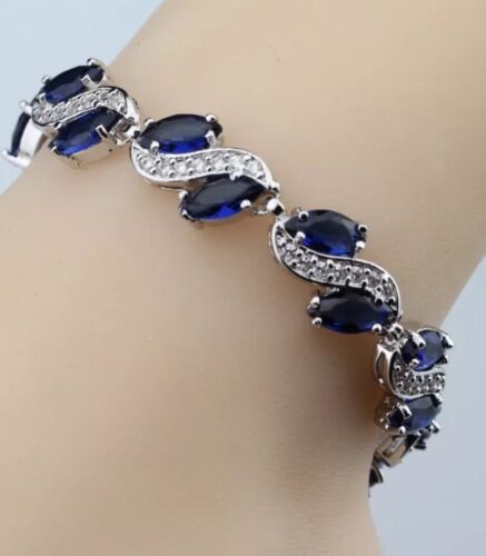 Blue Sapphire White Topaz Overlay Gemstone 925 Sterling Silver Bracelet - Picture 1 of 10
