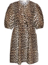 GANNI Brown Organic Cotton Mini Dress with Leopard Print and Puff Sleeves