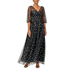 Adrianna Papell Black and Gold Evening Gown Glitter Dot A-Line Long Dress Size 6
