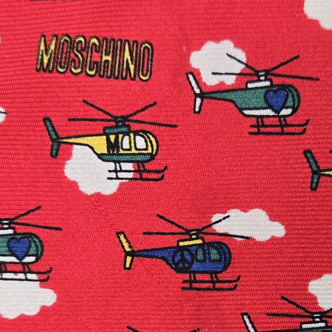 Moschino Vintage Silk Tie Helicopters Peace Love Pop Art Spellout 58.5 x 3 7/8"
