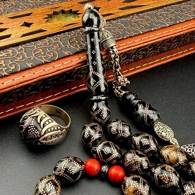 VTG Black Coral Inlaid Silver Tasbih W/Ring Set مسباح مسبحة يسر بحر احمر وخاتم