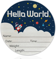 Hello World Birth Announcement 6" Round Birch Wood Newborn Sign for Nursery Hosp