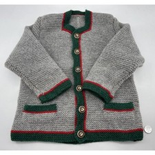 Vintage Handmade Childs Wool Button Down Sweater Green Red Gray Germany
