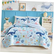 2 Pieces Twin Size Cotton Quilt Set, World of The Sea Twin-68"x86" Ocean Blue