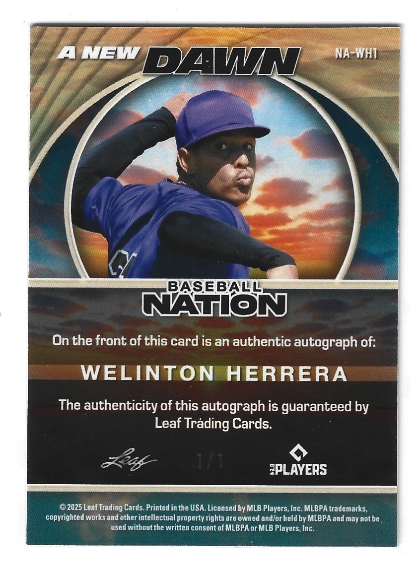 2025 Leaf Baseball Nation Welinton Herrera New Dawn Auto NA-WH1 Gold Super 1/1 view 2